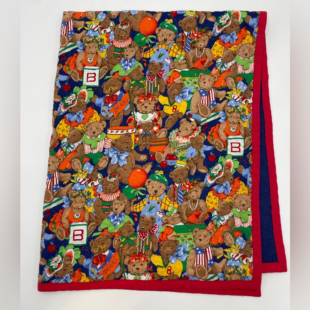 Vintage Baby Blanket Bears Quilted Unisex Blue Blocks Balloons Retro Whimsical